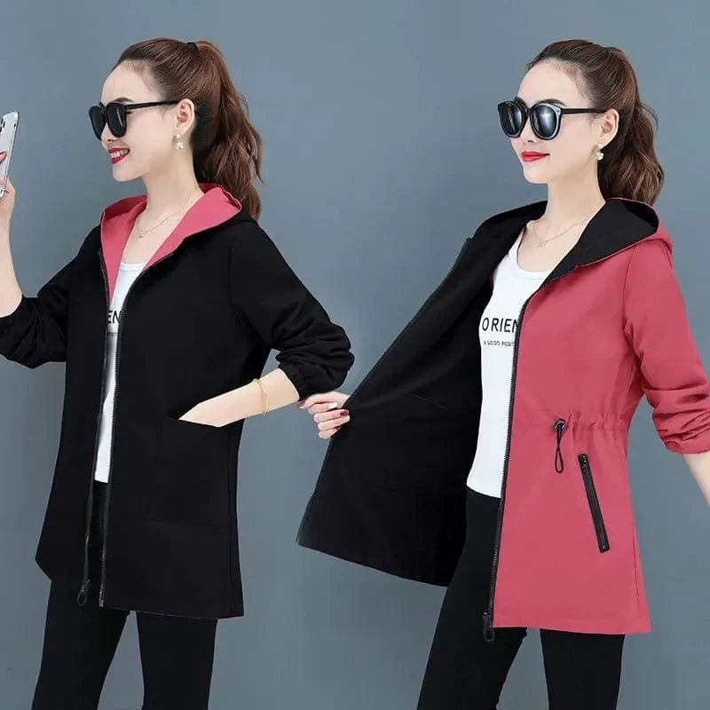Women's double-sided trench coat by Showlu Fashion, mid-long hooded windbreaker, casual Korean style for spring and autumn.