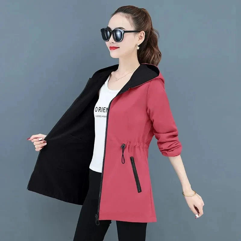Women's double-sided trench coat by Showlu Fashion, mid-long hooded windbreaker with casual Korean style for spring and autumn.