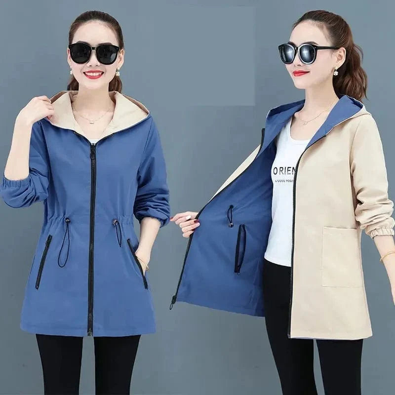 Women's double-sided trench coat by Showlu Fashion, mid-long hooded windbreaker with casual Korean style for spring and autumn.