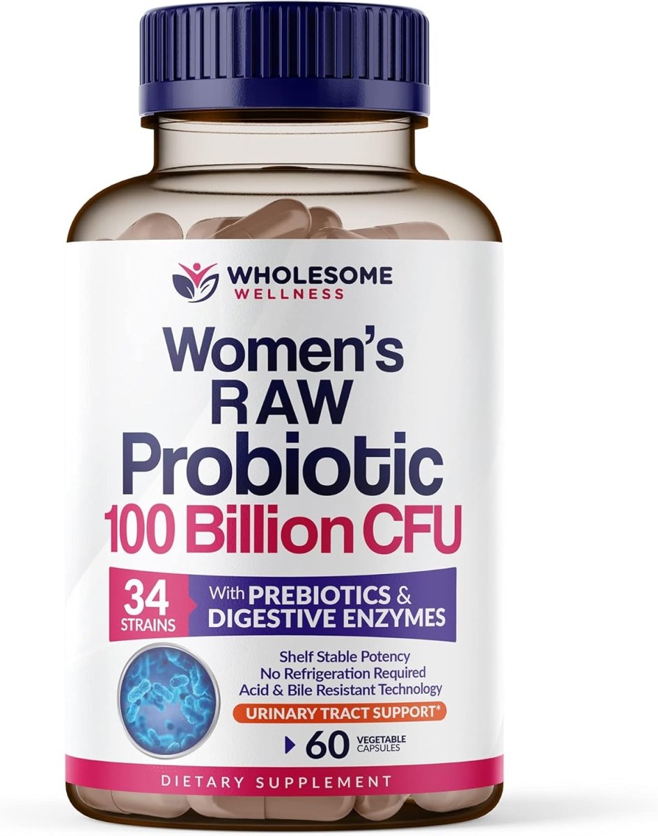 Showlu Raw Probiotics for Women with 100 Billion CFU, enzymes, and prebiotics, shelf-stable probiotic supplement for digestive health.