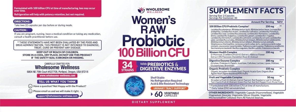 Showlu Raw Probiotics for Women, 100 Billion CFU with enzymes, shelf-stable supplement for digestive health, in bottle on shelf