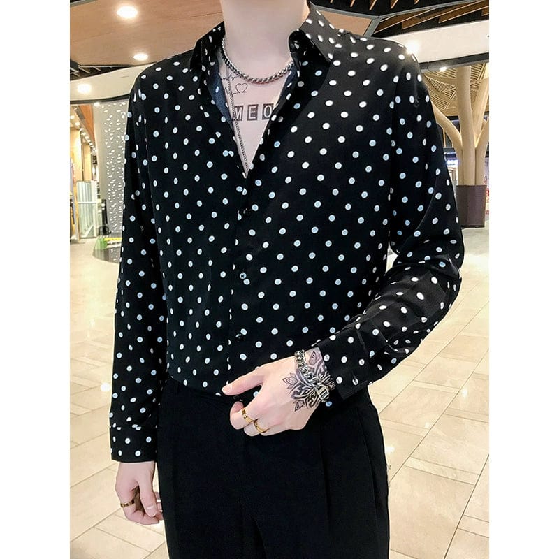 SHOWLU FASHION draped chiffon polka dot long sleeve casual shirt in black and white, with a relaxed fit and stylish design.