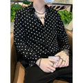 SHOWLU FASHION black and white polka dot chiffon long sleeve casual shirt with draped design