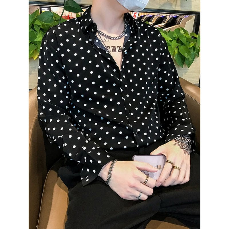SHOWLU FASHION black and white polka dot chiffon long sleeve casual shirt with draped design