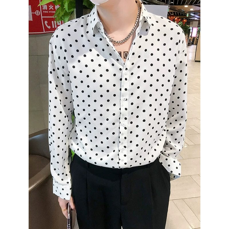 SHOWLU FASHION polka dot chiffon long sleeve casual shirt with draped design in black and white, stylish and comfortable for everyday wear.