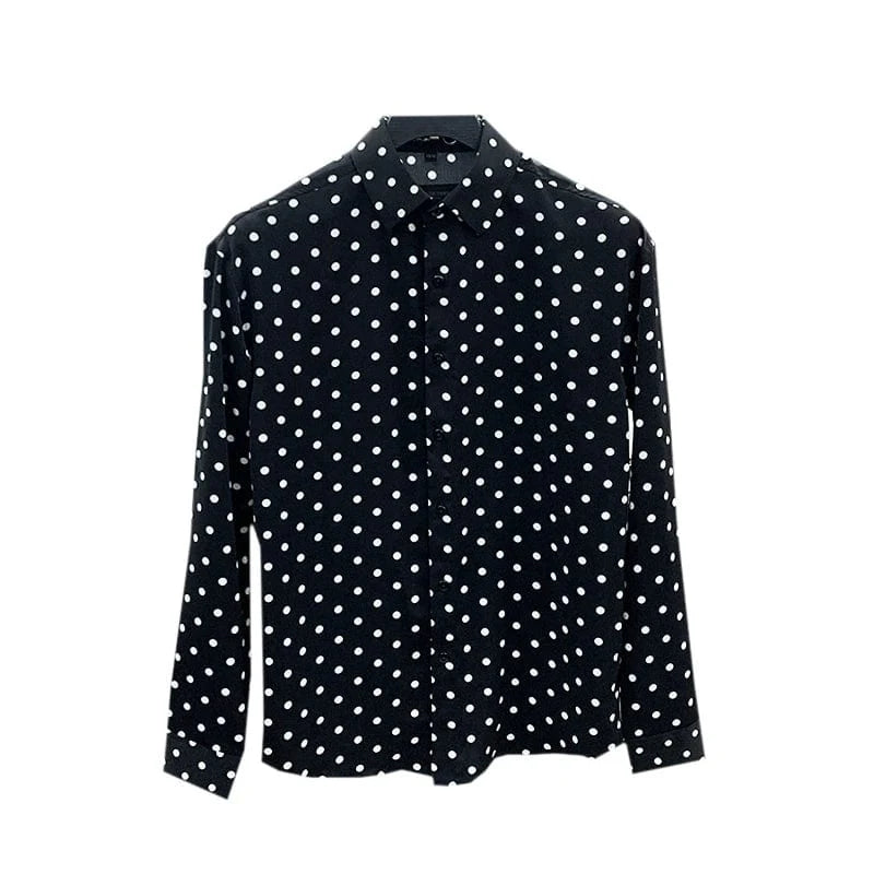 SHOWLU FASHION black and white polka dot chiffon long sleeve casual shirt with draped style and relaxed fit.