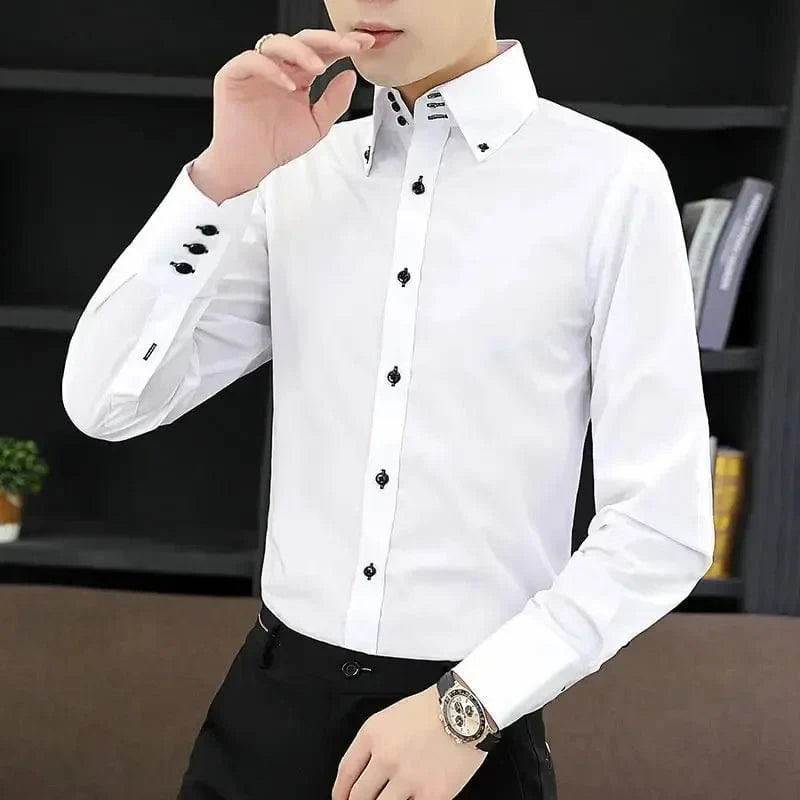 White Hanfdfy men's slim fit dress shirt with long sleeves, button-down collar, suitable for formal business or casual wear.