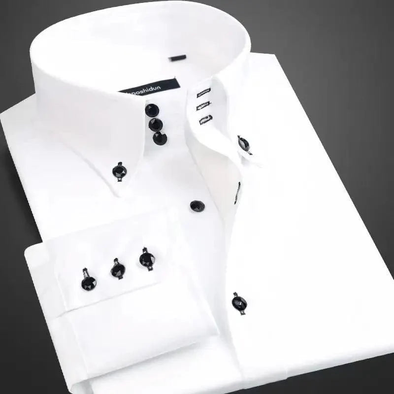 White Hanfdfy men's slim fit dress shirt with long sleeves, button-down collar, ideal for formal or business casual wear.