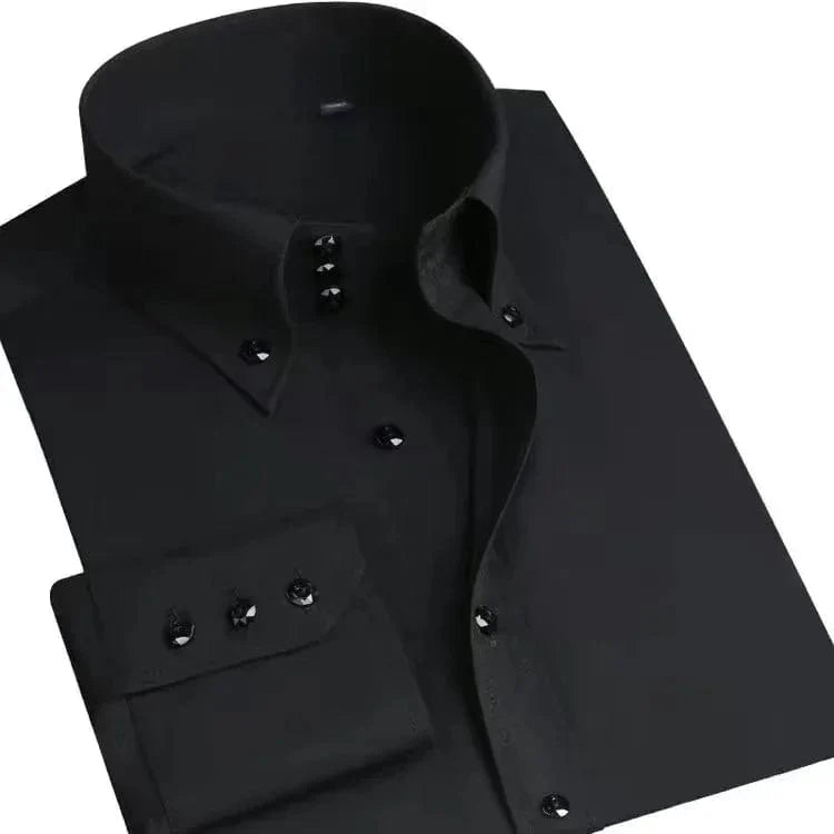 White Hanfdfy men's slim fit dress shirt with long sleeves, button-down collar, perfect for business or casual occasions.