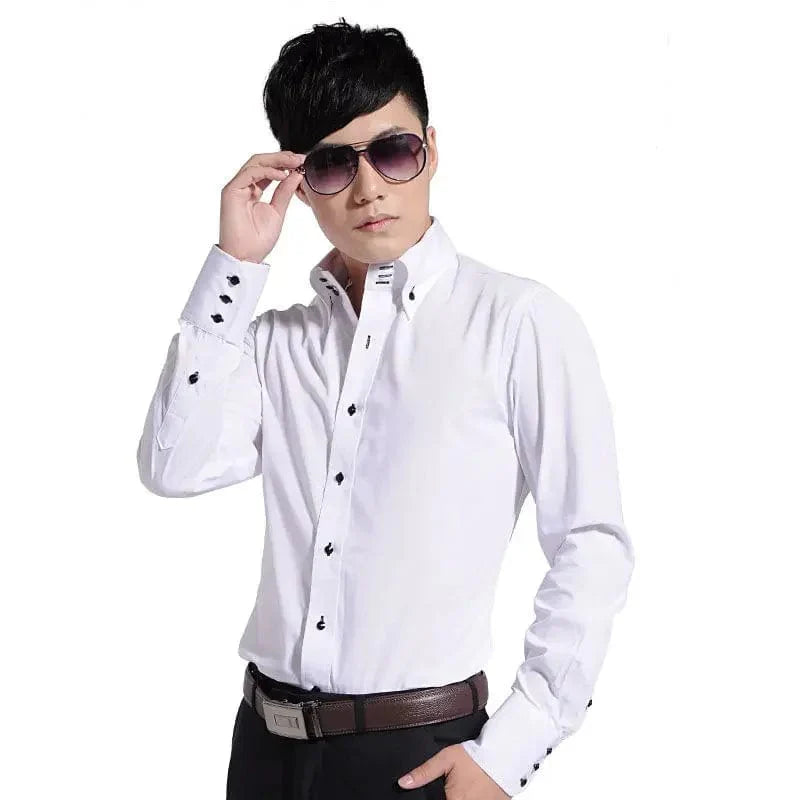 White men's slim fit dress shirt by SHOWLU FASHION STORE, long sleeve cotton formal shirt with button-down collar and modern Korean style.