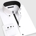 White Hanfdfy men's slim fit dress shirt with long sleeves, button-down collar, suitable for formal and business wear.