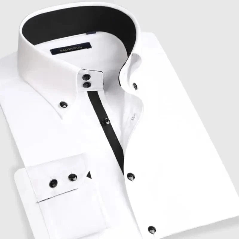 White Hanfdfy men's slim fit dress shirt with long sleeves, button-down collar, suitable for formal and business wear.