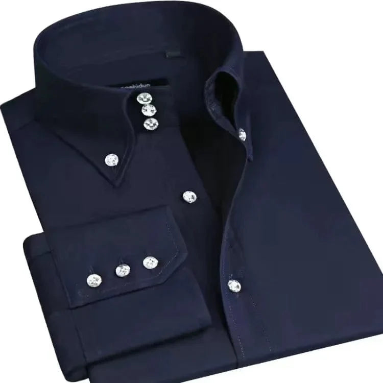 White Hanfdfy men's slim fit dress shirt with long sleeves, button-down collar, ideal for business or casual wear.