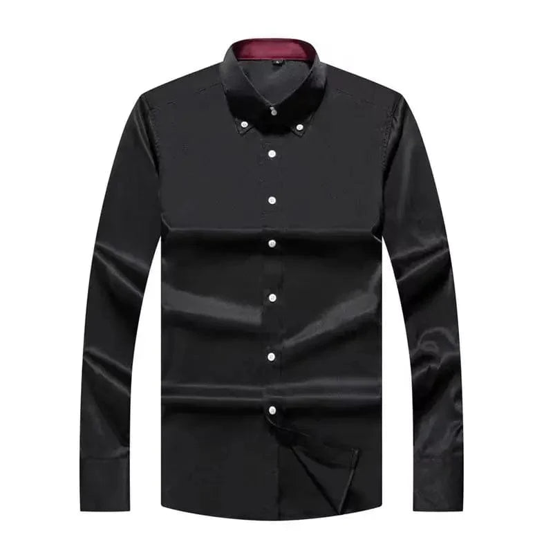 White Hanfdfy men's slim fit dress shirt with long sleeves, button-down collar, ideal for formal and casual business wear.