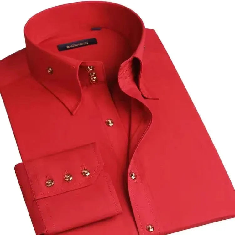 White men's slim fit dress shirt by SHOWLU FASHION STORE, long sleeve cotton shirt with button-down collar, ideal for formal or casual wear.