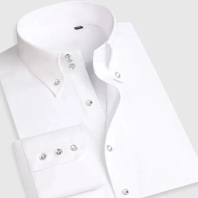 Men's white slim fit dress shirt by SHOWLU FASHION STORE with long sleeves, button-down collar, ideal for business or formal wear.