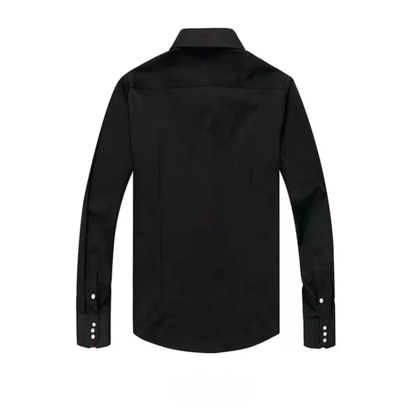 Men's white slim fit dress shirt by SHOWLU FASHION STORE, long sleeve button-down cotton business shirt with collar, Korean fashion style.