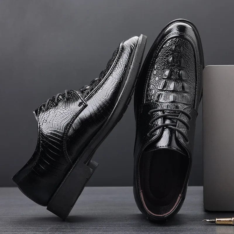 Black SUOJ Crocodile Pattern PU Leather Oxford Shoes for men, formal dress shoes suitable for office, wedding, and casual occasions.