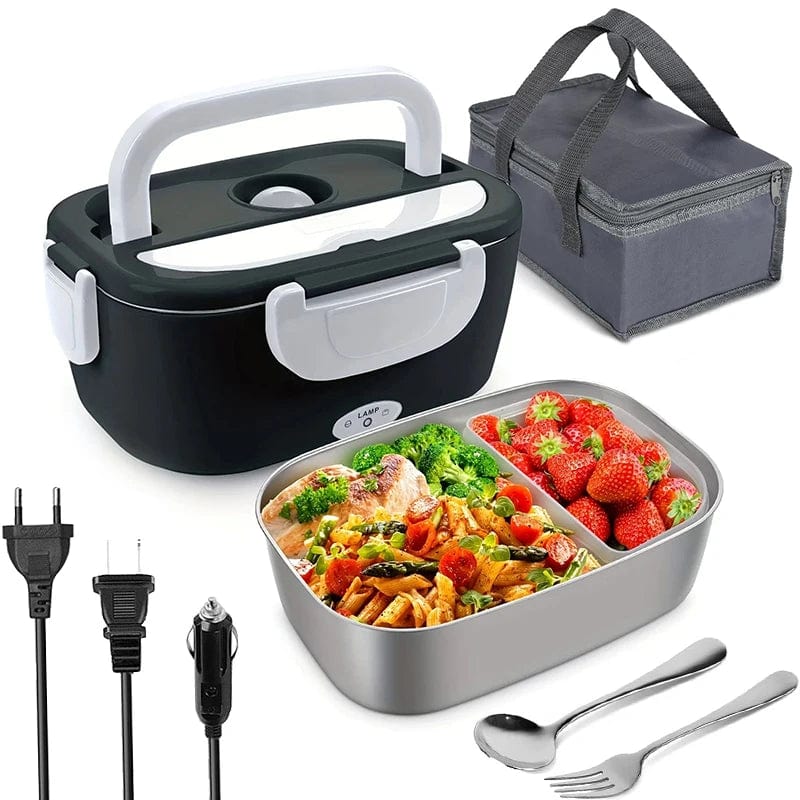 Showlu electric heated lunch box in black with stainless steel container, suitable for car, office, or travel use.