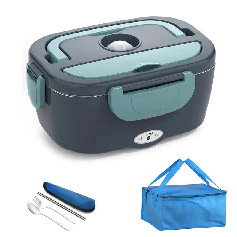 Showlu electric heated lunch box in black, stainless steel food warmer for car and home use with dual voltage options.