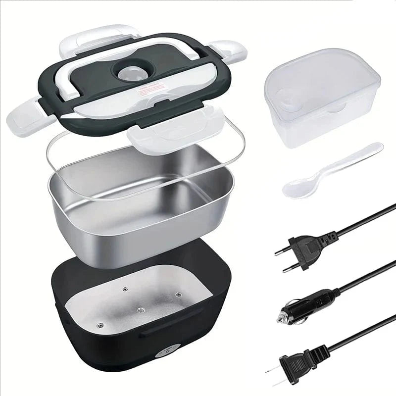 Showlu stainless steel electric heated lunch box for car and home, portable food warmer with dual voltage for travel and office use