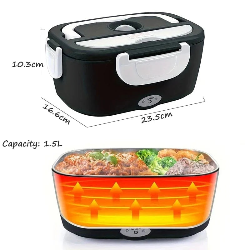 Showlu electric heated lunch box in black with stainless steel container, designed for car and home use, ideal for keeping food warm.