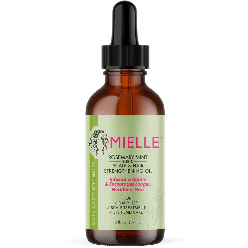 Mielle Organics Rosemary Mint Hair Strengthening Oil with Biotin in 2oz bottle, designed for all hair types, visible in the image.