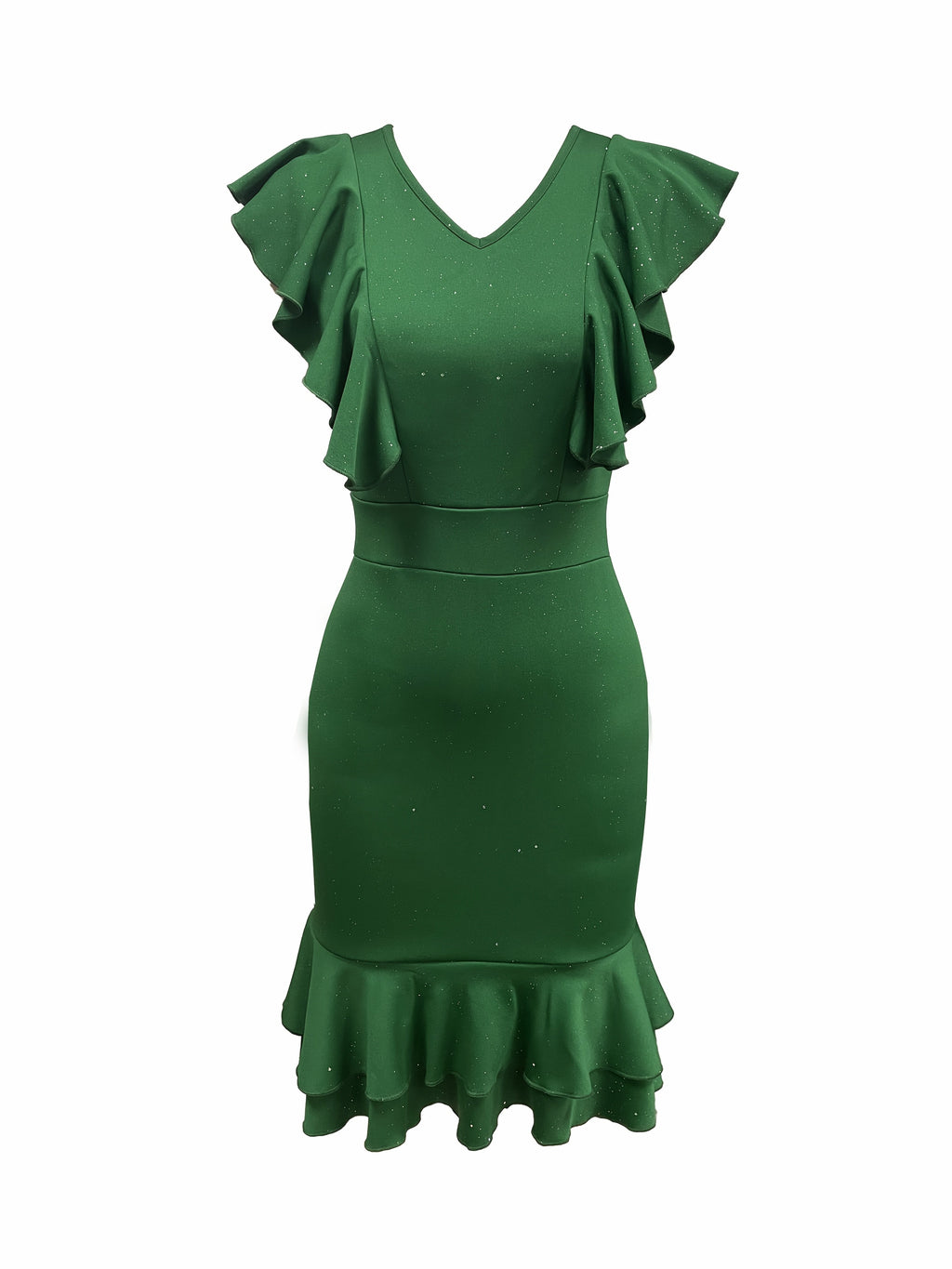 Emerald green SHOWLU FASHION V-neck ruffled sleeve bodycon midi dress displayed on a mannequin.