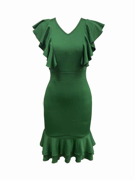 Emerald Green V-Neck Ruffled Sleeve Bodycon Dress - Stretchy Machine-Washable Midi Dress for Women, Elegant Solid Color All-Season Versatile Fit