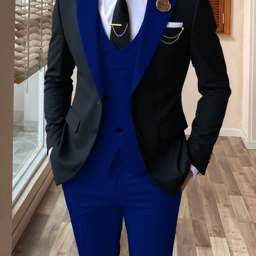 Showlu Fashion men's 3-piece color block slim fit tuxedo suit set featuring a jacket, vest, and trousers in stylish color blocking.
