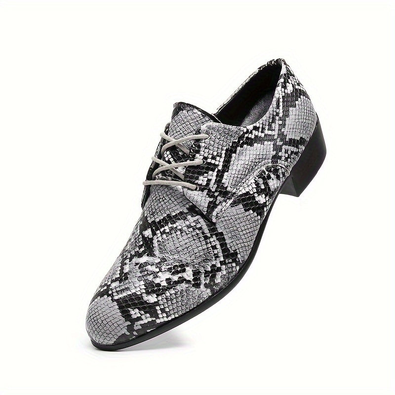 SHOWLU Men's snakeskin print dress shoes with vintage lace-up design, showcasing sleek formal footwear style.