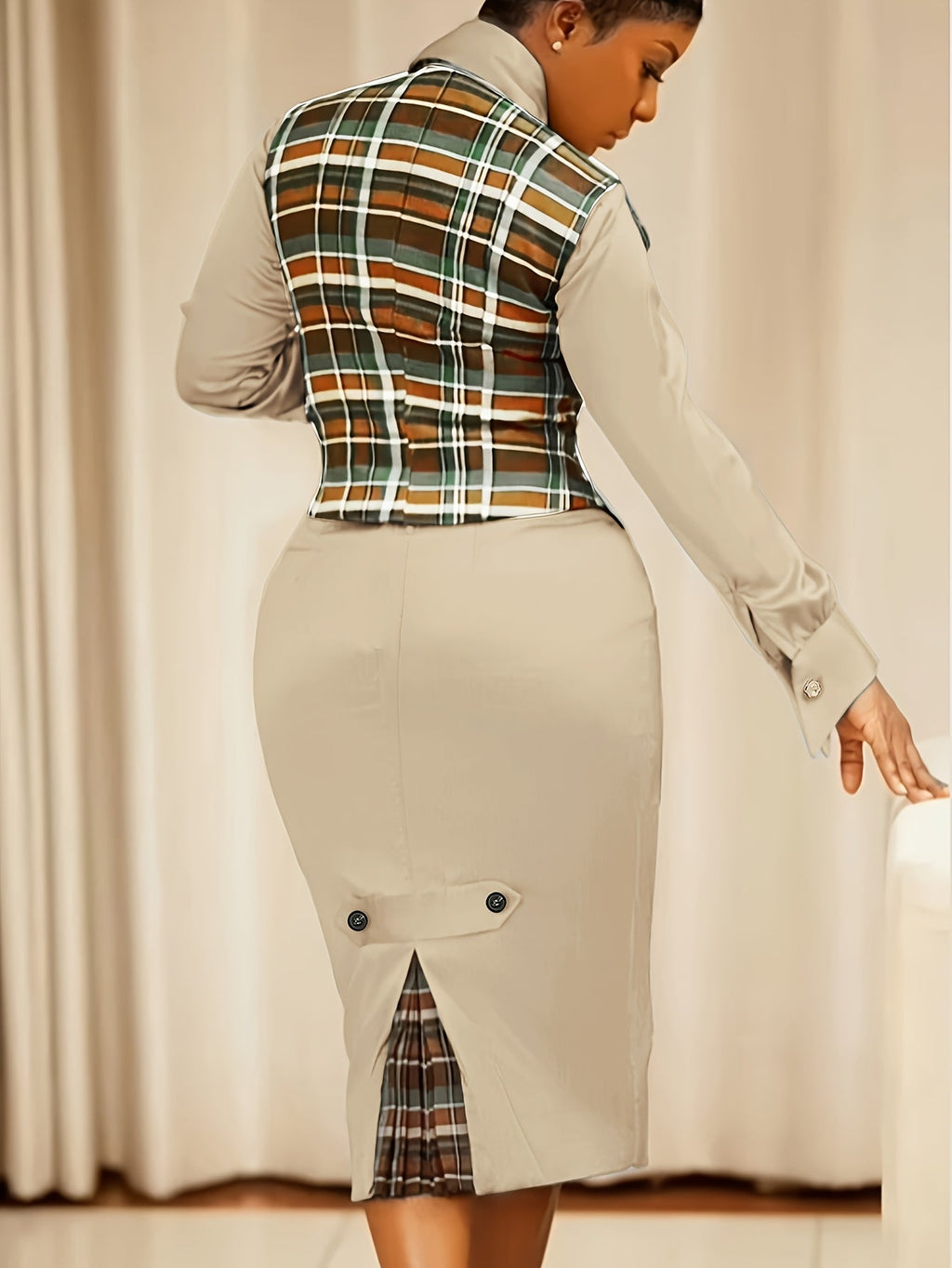 SHOWLU FASHION women's plaid vest and fitted dress two-piece work set, featuring stylish tailored design and classic plaid pattern.
