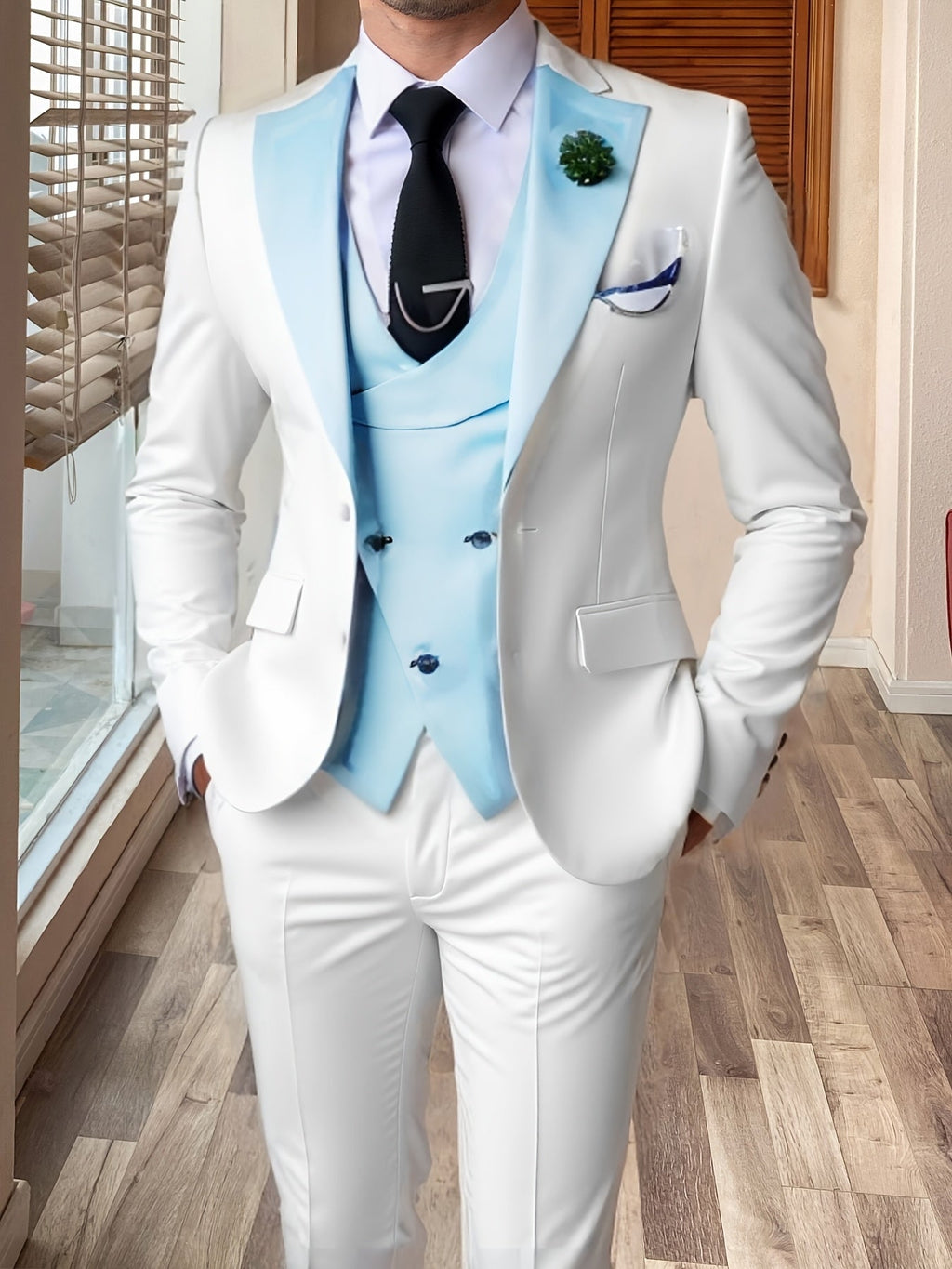 SHOWLU FASHION men's 3-piece slim fit color block wedding suit with notch lapel, tailored for a stylish formal look.