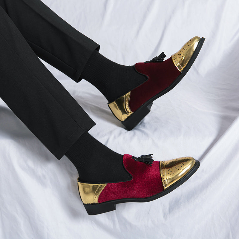 Green and golden SHOWLU men's brogue loafers, slip-on formal dress shoes with intricate detailing and classic design.