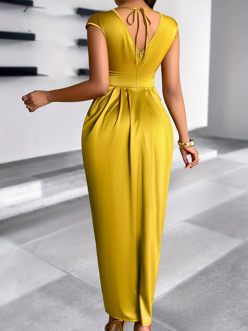Elegant SHOWLU FASHION Women's V-Neck Satin Bodycon Gown for parties, featuring a sleek fit and luxurious fabric.