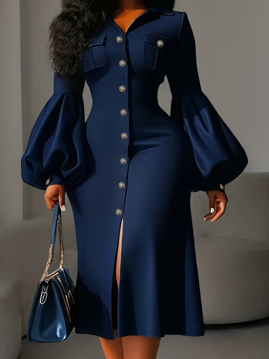 Elegant Navy Blue Long Dress for Women - Slim Fit, V-Neck, Lantern Sleeves with Button Detail, Perfect for Spring/Fall, Stylish Button-Up Dress|Sleek Fitted Dress|Polyester Fabri