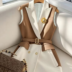 Women's Elegant Contrast Color-Block Vest - Summer Lightweight Belted Cardigan with Golden Buttons, Machine Washable Round Neck Blazer Vest for Casual & Formal Outfits, Outfit Enhancer, Structured Design, Sophisticated Tailor