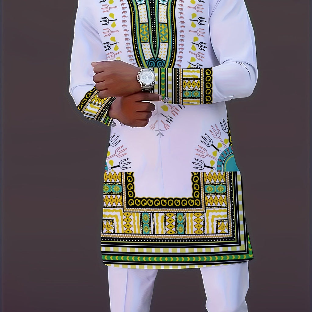 Showlu Men's African tribal pajama set in white with geometric pattern, featuring comfortable fabric and intricate tribal design.