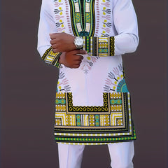 Men'S African Tribal Art Pajama Set - White & Brown Geometric Pattern, Long Sleeve Button-Up Shirt & Pants, Regular Fit Casual Sleepwear for All Seasons, Cultural Attire, Cultural Attire|Tribal Style|Buttonup Top, African Clo