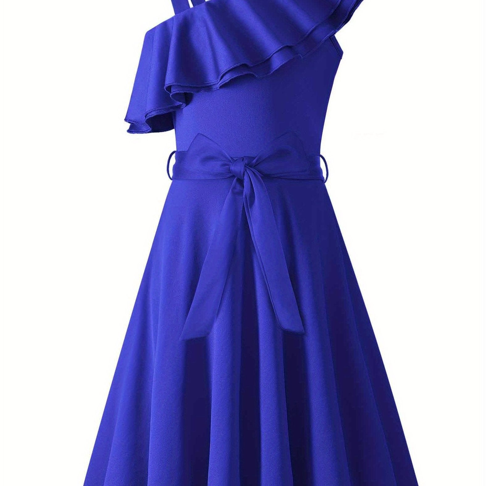 Girls polka dot one-shoulder ruffle A-line dress by SHOWLU FASHION with a stylish design and playful pattern.