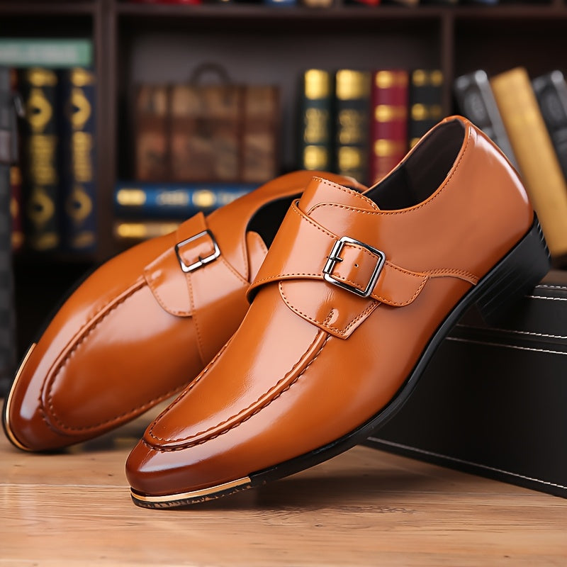 SHOWLU men's pointed toe slip-on business casual shoes in solid PU leather, stylish and comfortable for professional wear.