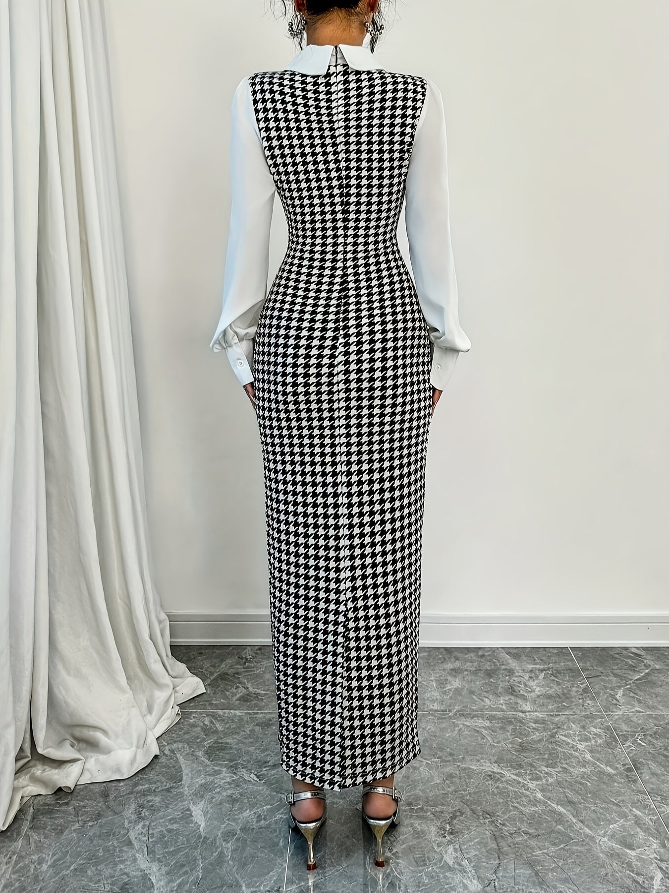 SHOWLU FASHION Women's Houndstooth Bodycon Dress with puffed sleeves, elegant and fitted for a stylish look.