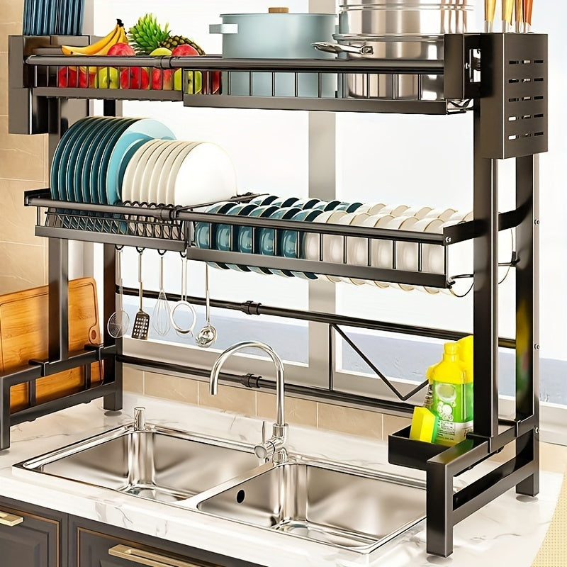 Expandable stainless steel dish storage rack for kitchen sink drainer, showing the versatile, compact design with dish space and drainage features.