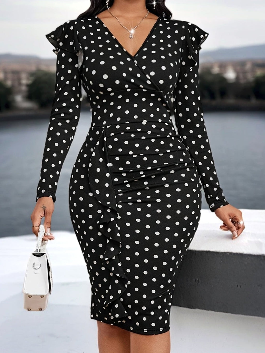 SHOWLU FASHION polka dot mermaid dress with V-neck, long sleeves, bodycon fit, featuring a stylish and elegant design