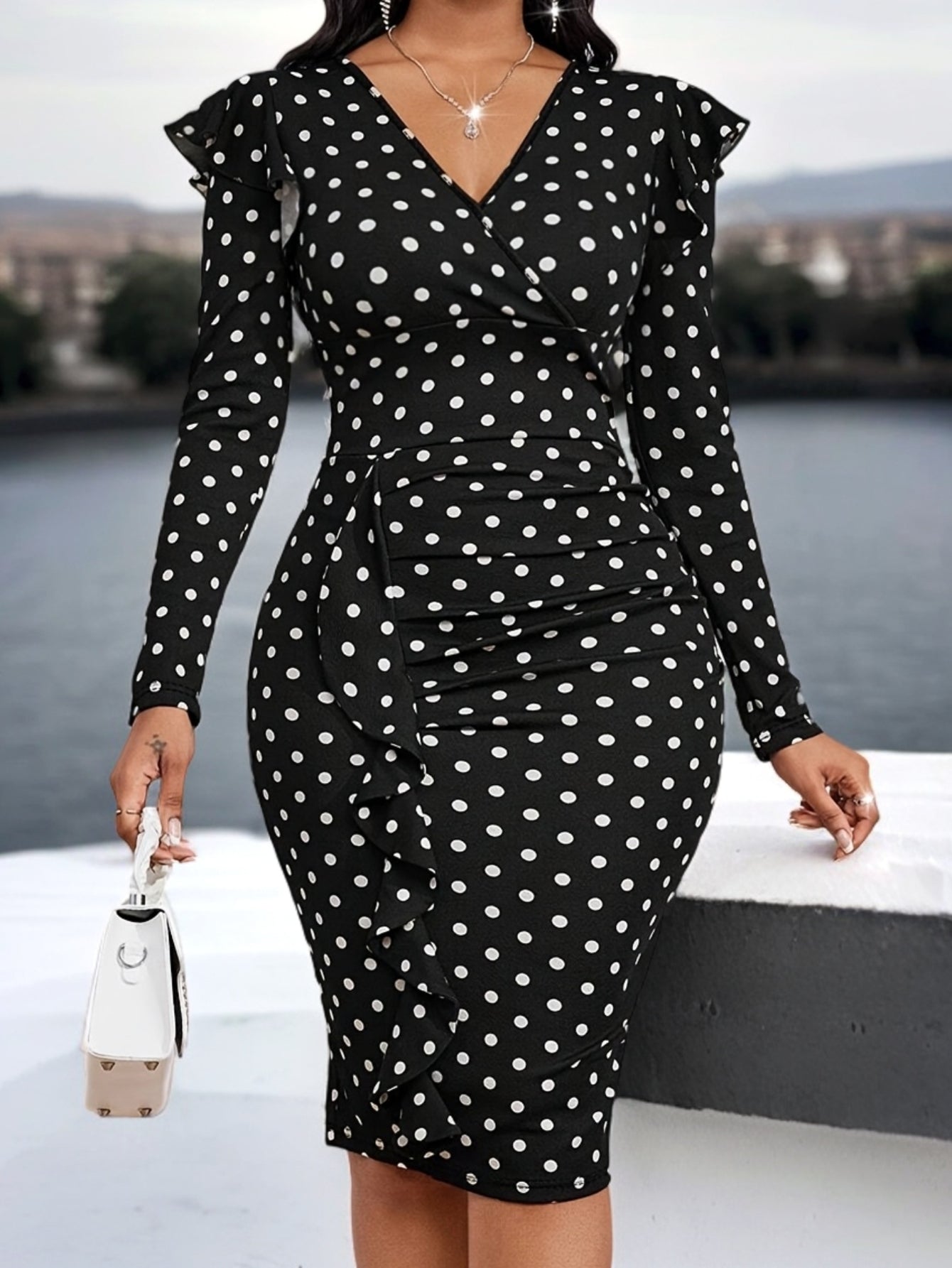 SHOWLU FASHION polka dot mermaid dress with V-neck, long sleeves, bodycon fit, featuring a stylish and elegant design