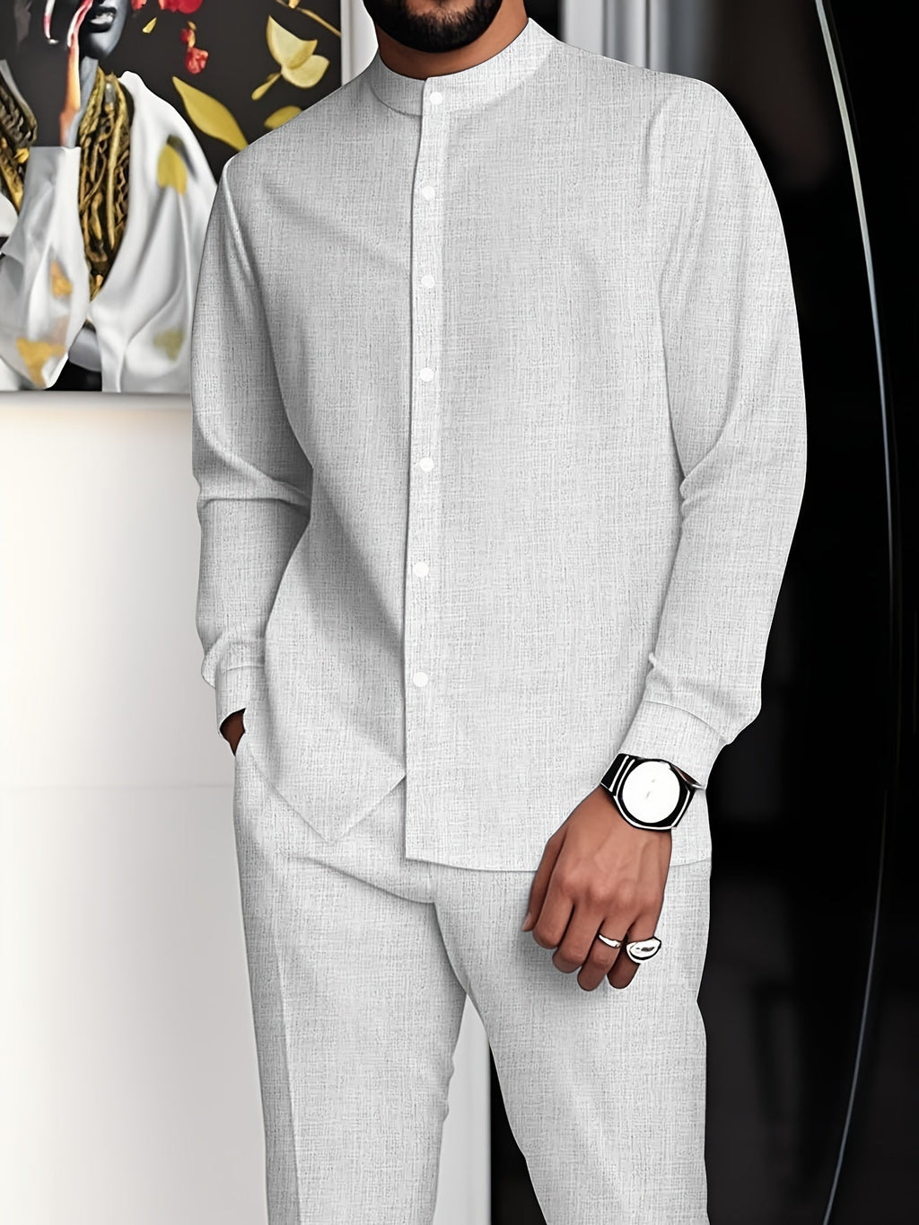 Men's minimalist business suit by SHOWLU FASHION STORE, solid stand collar 2-piece set, featuring a tailored blazer and matching trousers.