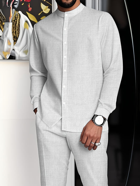 Men's minimalist Business Suit, Featuring a Stand Collar Long-Sleeved Button-Up Shirt and Straight-Cut Pants, with Solid Color and Simple Design, Exuding a Minimalist and Elegant Charm, Suitable for Business Meetings and Casu