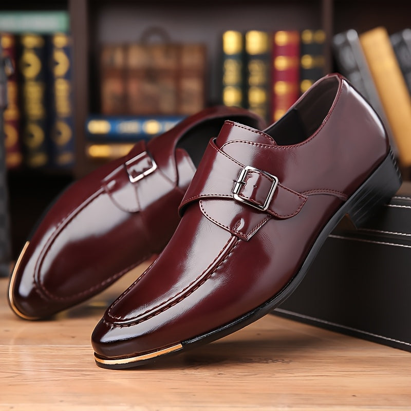 SHOWLU men's pointed toe slip-on business casual shoes in solid black PU leather, stylish and comfortable for professional wear.