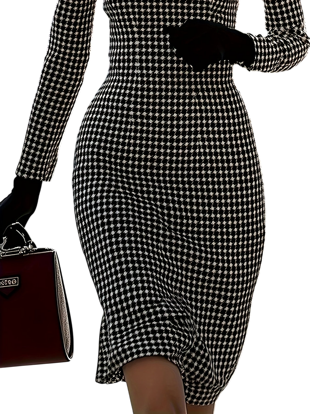 SHOWLU FASHION women's black and white houndstooth long sleeve dress, stylish and tailored for a sophisticated look