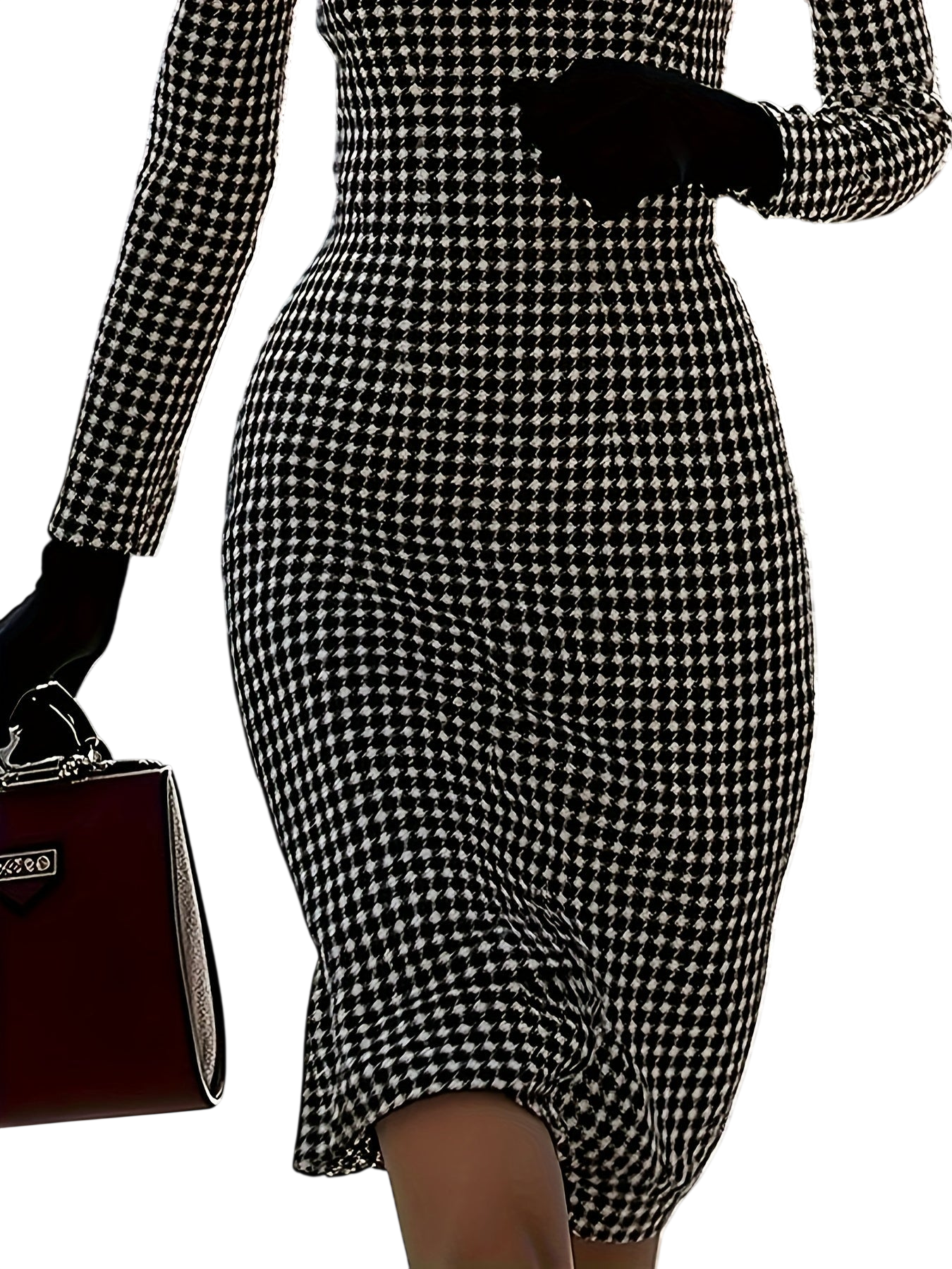 SHOWLU FASHION women's black and white houndstooth long sleeve dress, stylish and tailored for a sophisticated look